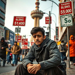 A young Iranian man sits on a street in Tehran, visibly in mourning and looking devastated