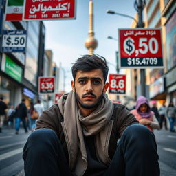 A young Iranian man sits on a street in Tehran, visibly in mourning and looking devastated