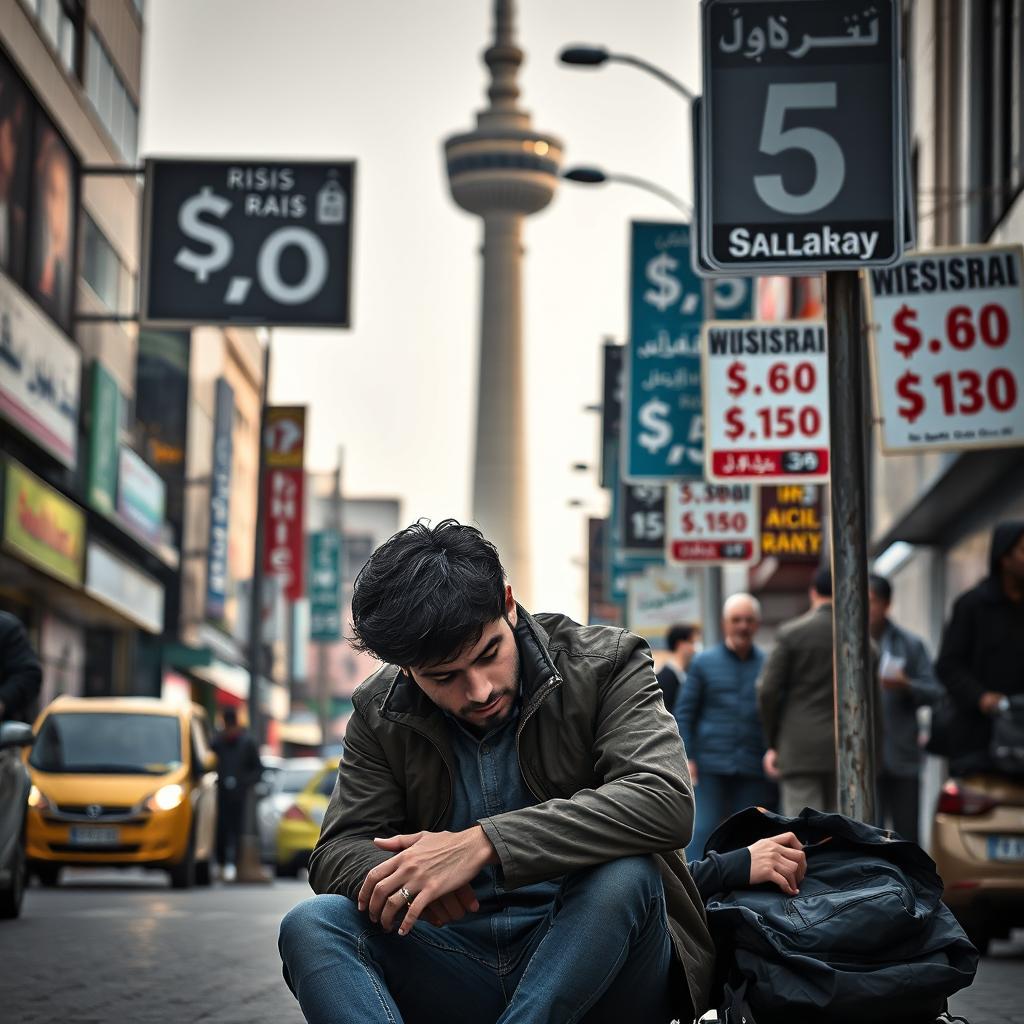 A young Iranian man sits on a street in Tehran, visibly in mourning and looking devastated