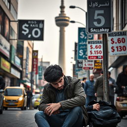 A young Iranian man sits on a street in Tehran, visibly in mourning and looking devastated