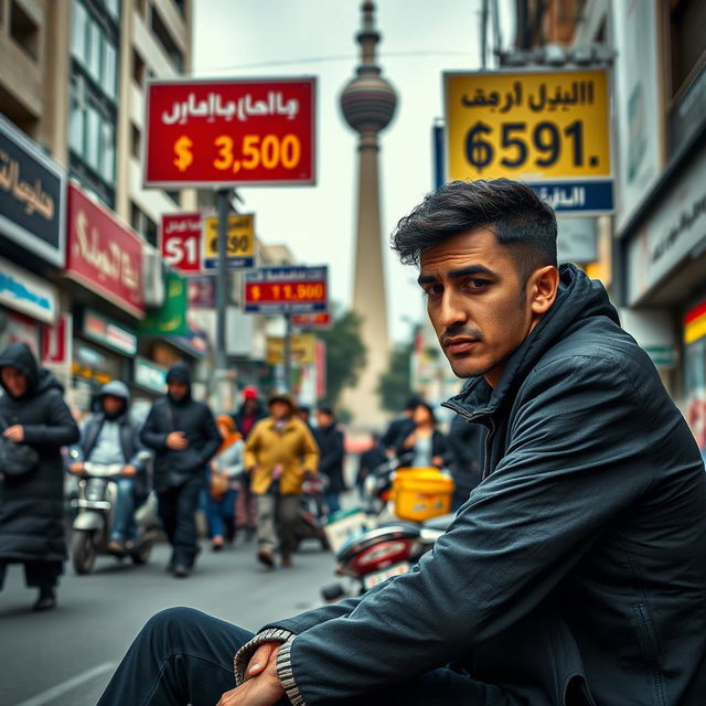 A young Iranian man sits on a street in Tehran, visibly in mourning and looking devastated