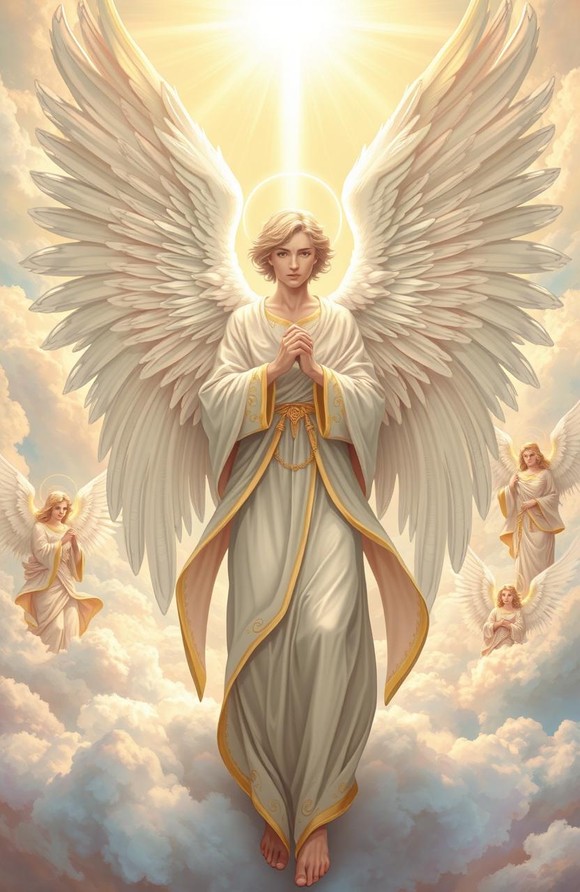 An illustration of angels in a theological context, featuring a majestic angel with expansive white wings glowing softly in a celestial landscape, adorned in flowing robes with intricate golden details