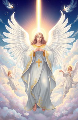 An illustration of angels in a theological context, featuring a majestic angel with expansive white wings glowing softly in a celestial landscape, adorned in flowing robes with intricate golden details