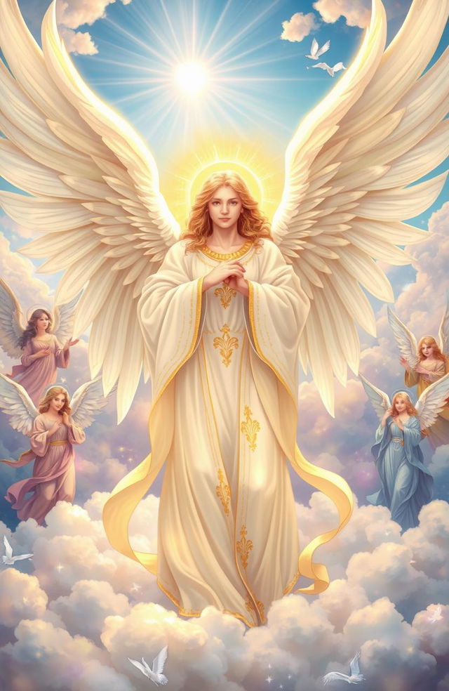 An illustration of angels in a theological context, featuring a majestic angel with expansive white wings glowing softly in a celestial landscape, adorned in flowing robes with intricate golden details