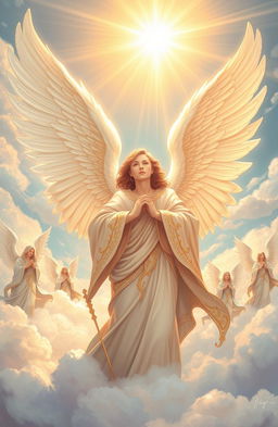An illustration of angels in a theological context, featuring a majestic angel with expansive white wings glowing softly in a celestial landscape, adorned in flowing robes with intricate golden details