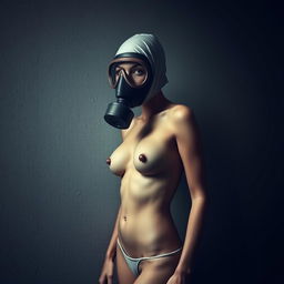 A highly realistic depiction of a slim woman with small breasts, wearing a full-face gas mask, positioned against a textured wall