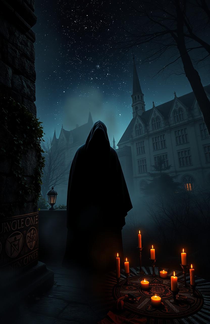 A mysterious, dark-themed representation of a secretive sect operating behind a university campus