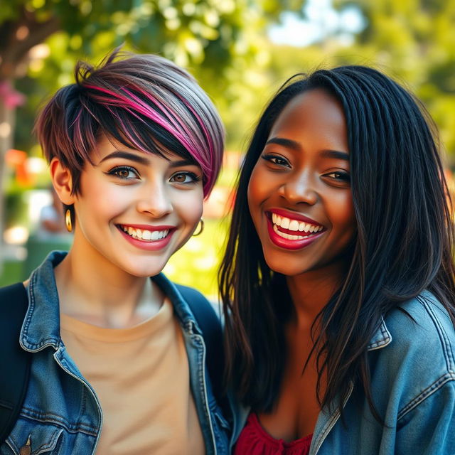 A vibrant and lively photograph capturing two young women enjoying their time together