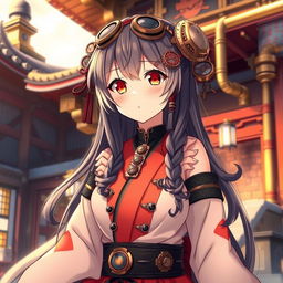 An anime girl dressed as a shrine maiden with a unique steampunk twist