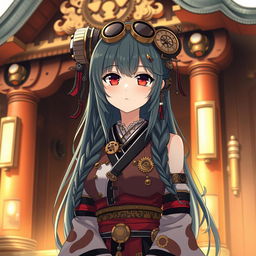 An anime girl dressed as a shrine maiden with a unique steampunk twist