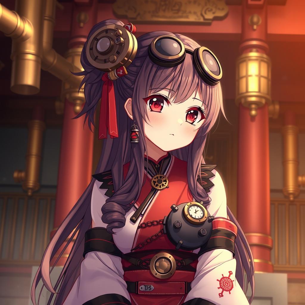 An anime girl dressed as a shrine maiden with a unique steampunk twist