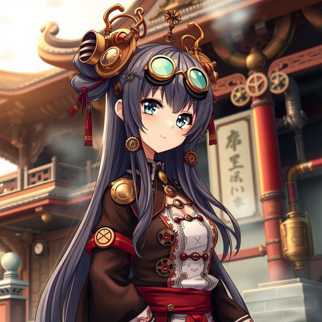 An anime girl dressed as a shrine maiden with a unique steampunk twist