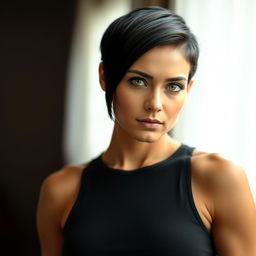 A strong and confident woman with a lean, muscular build