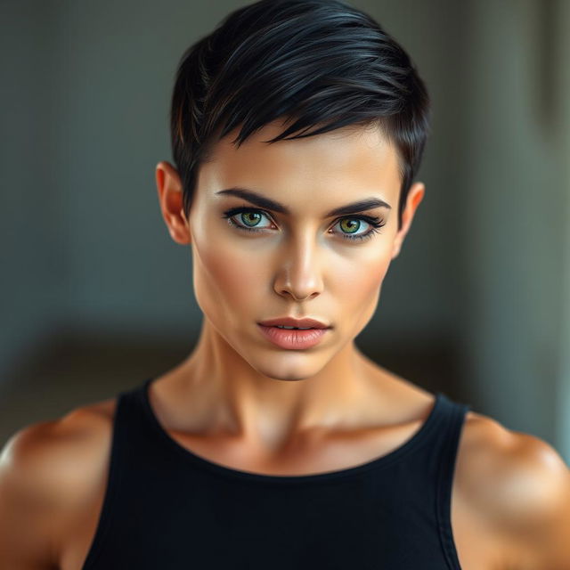 A strong and confident woman with a lean, muscular build
