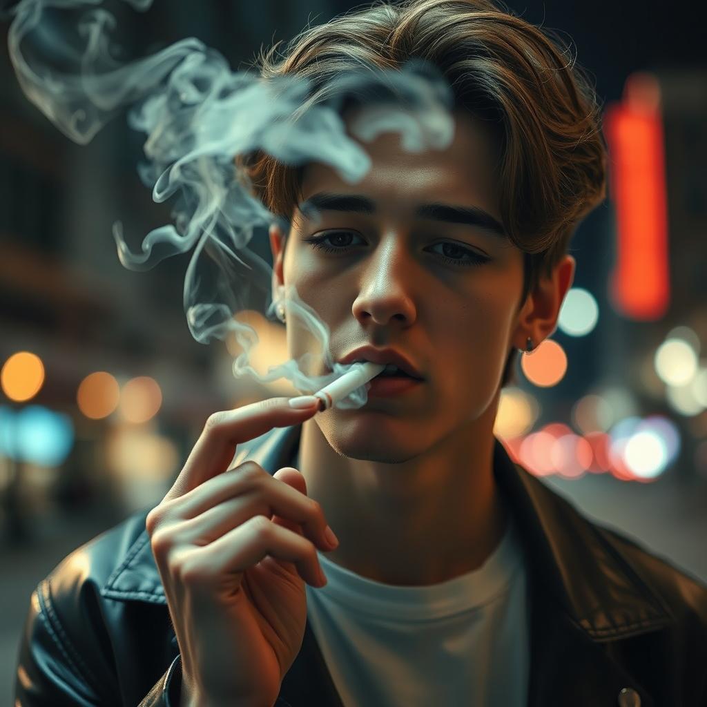 A close-up of a stylish young adult exhaling smoke from a cigarette, set in an urban environment