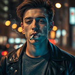 A close-up of a stylish young adult exhaling smoke from a cigarette, set in an urban environment