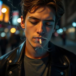 A close-up of a stylish young adult exhaling smoke from a cigarette, set in an urban environment