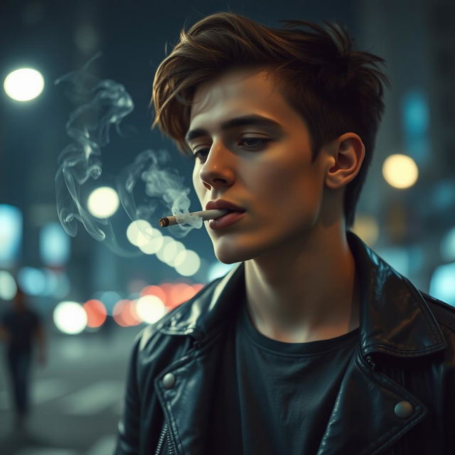 A close-up of a stylish young adult exhaling smoke from a cigarette, set in an urban environment