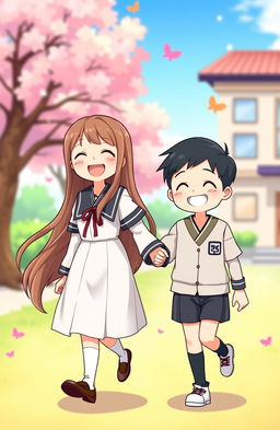 A cheerful cartoon illustration of a girl and a boy holding hands, both dressed in traditional Korean school uniforms