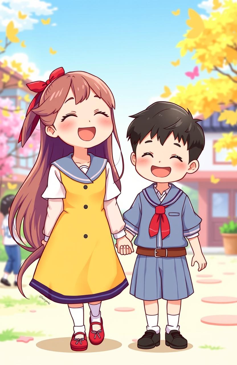 A cheerful cartoon illustration of a girl and a boy holding hands, both dressed in traditional Korean school uniforms