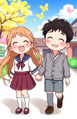 A cheerful cartoon illustration of a girl and a boy holding hands, both dressed in traditional Korean school uniforms