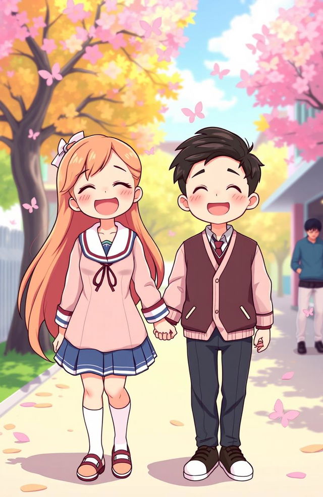 A cheerful cartoon illustration of a girl and a boy holding hands, both dressed in traditional Korean school uniforms