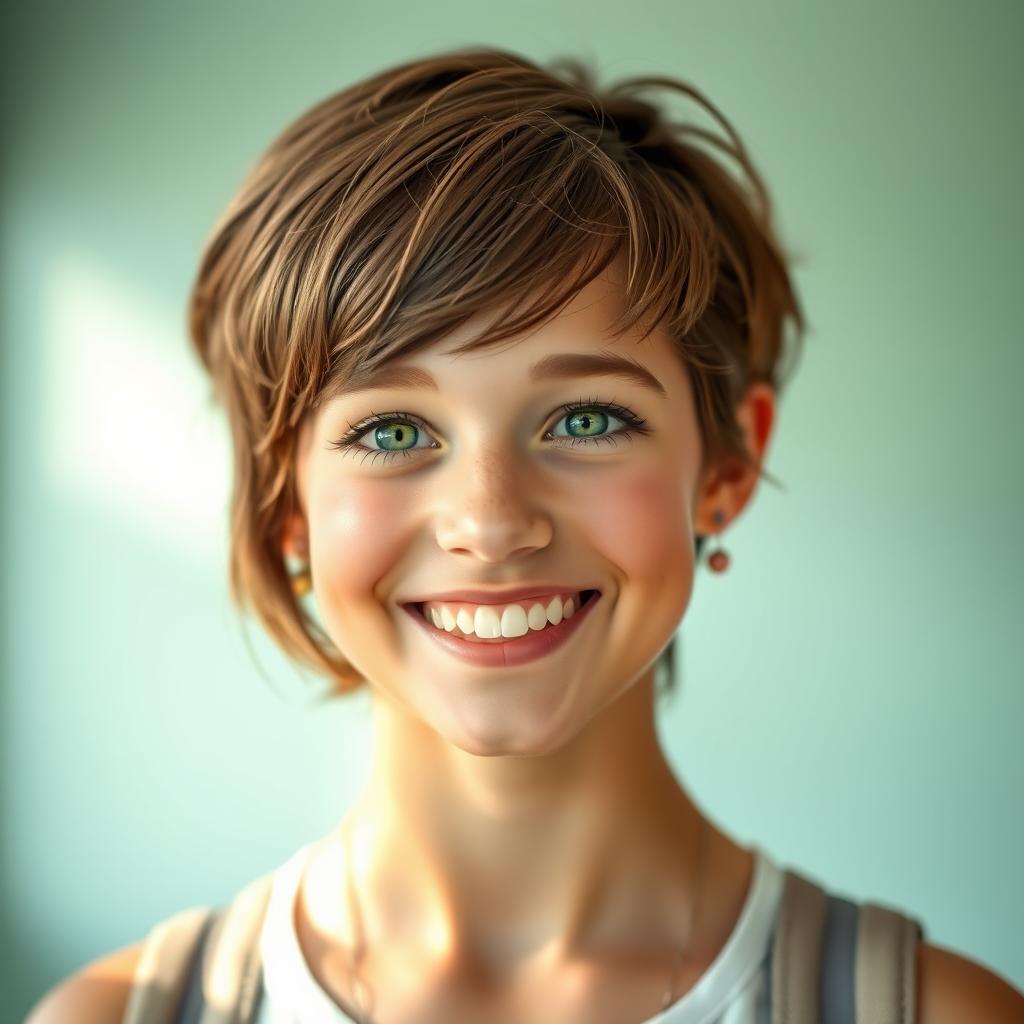 A vibrant and cheerful portrait of a teenage girl with short hair, radiantly smiling