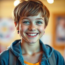A vibrant and cheerful portrait of a teenage girl with short hair, radiantly smiling