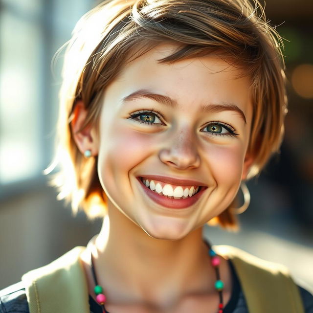 A vibrant and cheerful portrait of a teenage girl with short hair, radiantly smiling