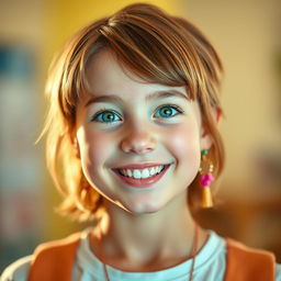 A vibrant and cheerful portrait of a teenage girl with short hair, radiantly smiling