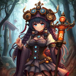 A shrine maiden anime girl dressed in an elaborate steampunk outfit, complete with gears and goggles adorning her head