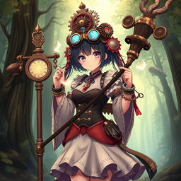 A shrine maiden anime girl dressed in an elaborate steampunk outfit, complete with gears and goggles adorning her head