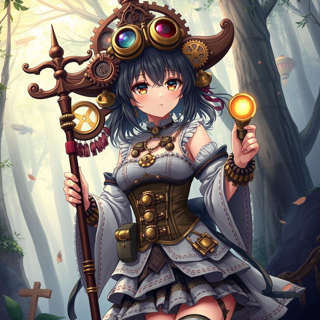 A shrine maiden anime girl dressed in an elaborate steampunk outfit, complete with gears and goggles adorning her head