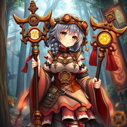 A shrine maiden anime girl dressed in an elaborate steampunk outfit, complete with gears and goggles adorning her head