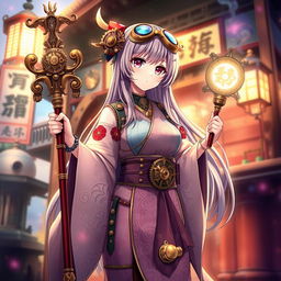 A Japanese shrine maiden anime girl in a unique steampunk style outfit