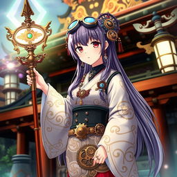 A Japanese shrine maiden anime girl in a unique steampunk style outfit