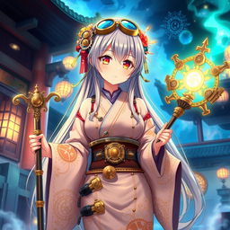 A Japanese shrine maiden anime girl in a unique steampunk style outfit