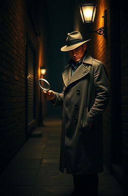 A stylish detective standing in a dimly lit alley, wearing a classic trench coat and fedora, holding a magnifying glass