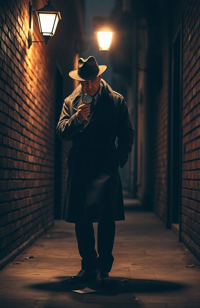 A stylish detective standing in a dimly lit alley, wearing a classic trench coat and fedora, holding a magnifying glass