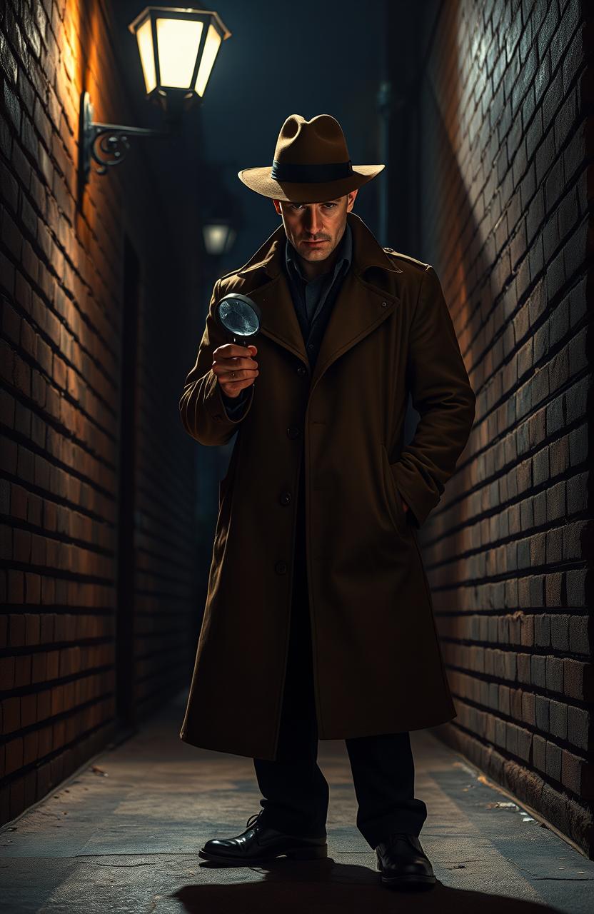 A stylish detective standing in a dimly lit alley, wearing a classic trench coat and fedora, holding a magnifying glass