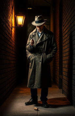A stylish detective standing in a dimly lit alley, wearing a classic trench coat and fedora, holding a magnifying glass