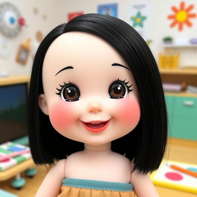 A charming doll with big cheeks and smiling lips, featuring bare, straight black hair