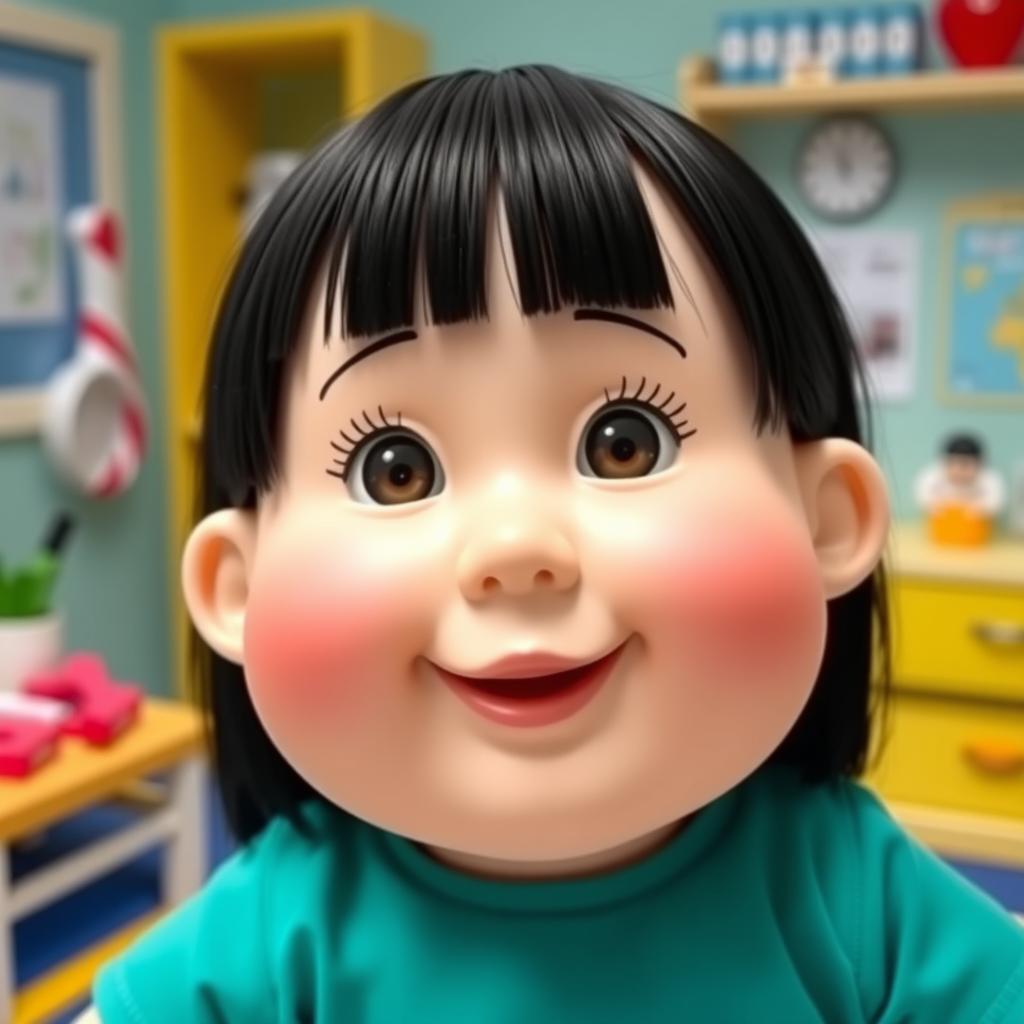 A charming doll with big cheeks and smiling lips, featuring bare, straight black hair