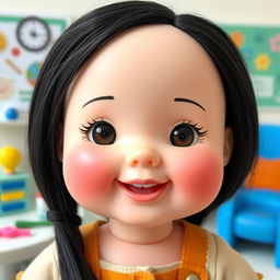 A charming doll with big cheeks and smiling lips, featuring bare, straight black hair