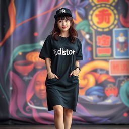 A beautiful Korean woman elegantly posing, wearing a long black t-shirt with a humorous print that says 'Editor', stylish sneakers, and a black hip hop cap