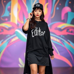 A beautiful Korean woman elegantly posing, wearing a long black t-shirt with a humorous print that says 'Editor', stylish sneakers, and a black hip hop cap