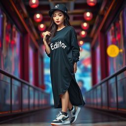 A beautiful Korean woman elegantly posing, wearing a long black t-shirt with a humorous print that says 'Editor', stylish sneakers, and a black hip hop cap