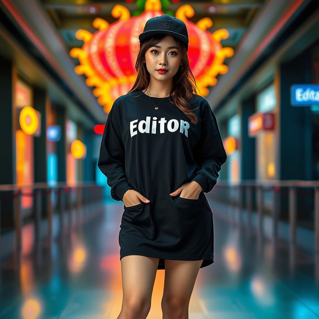 A beautiful Korean woman elegantly posing, wearing a long black t-shirt with a humorous print that says 'Editor', stylish sneakers, and a black hip hop cap