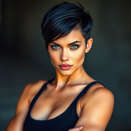 A portrait of a confident woman with a lean, muscular build, showcasing her athletic physique