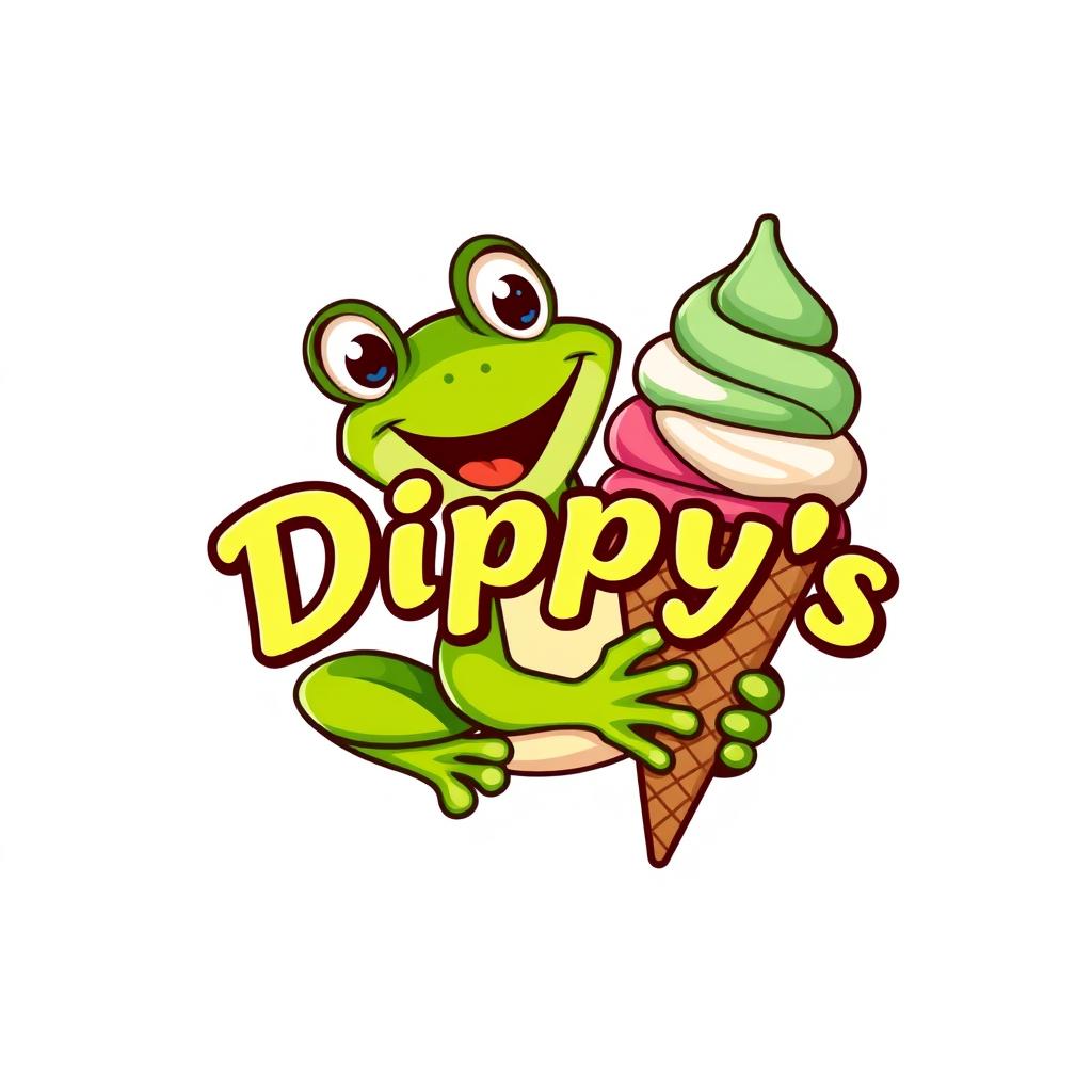 A logo design for 'Dippy's Ice Cream' featuring a whimsical green tree frog joyfully eating an ice cream cone